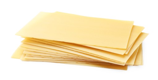 Photo of Stack of uncooked lasagna sheets isolated on white