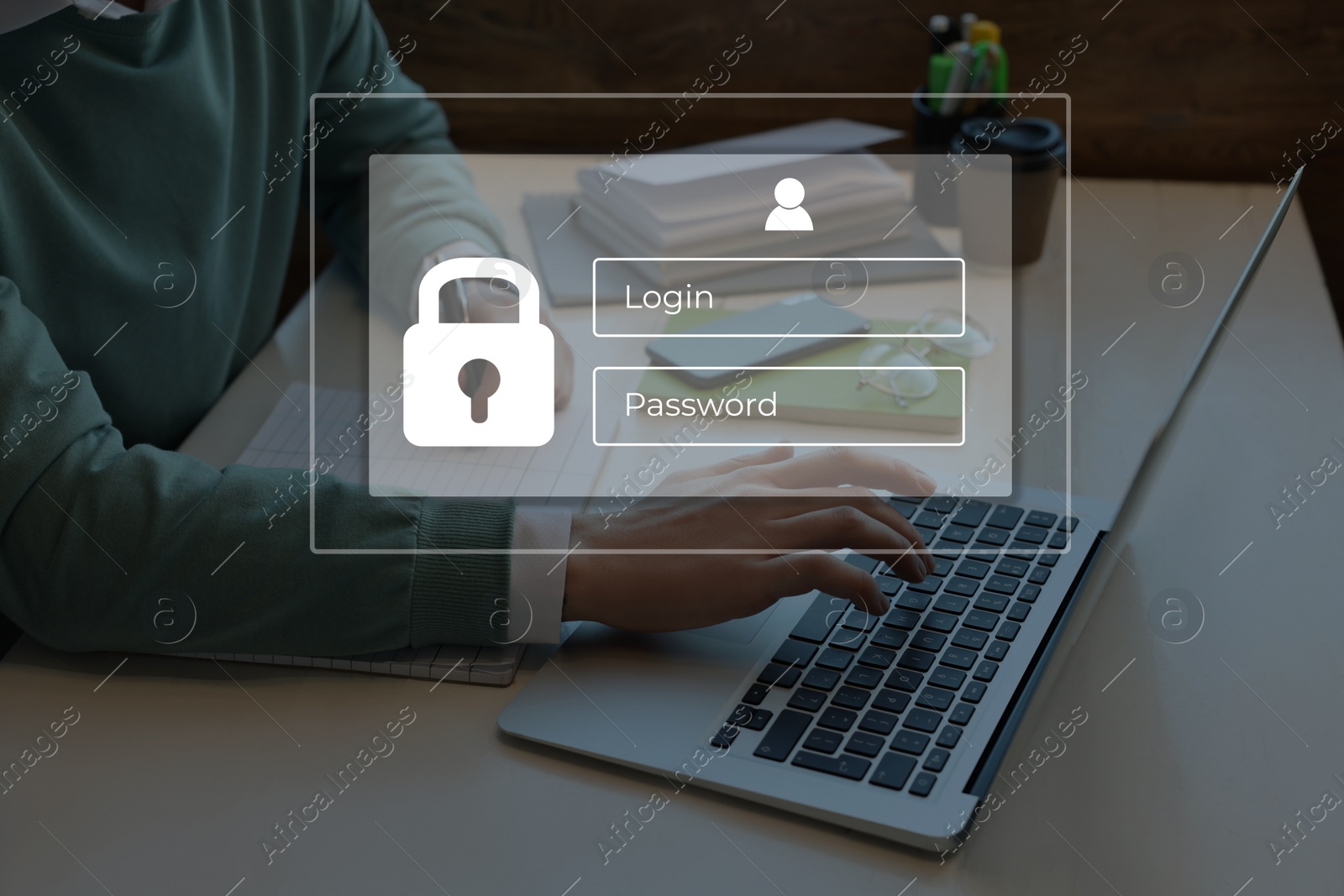 Image of Privacy protection. Man using laptop at table, closeup. Digital login interface