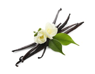 Photo of Vanilla pods, green leaves and flowers isolated on white