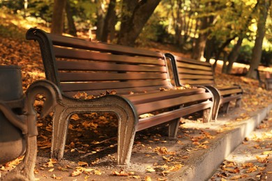 Photo of Wooden benches and fallen leaves in beautiful park on autumn day. Space for text