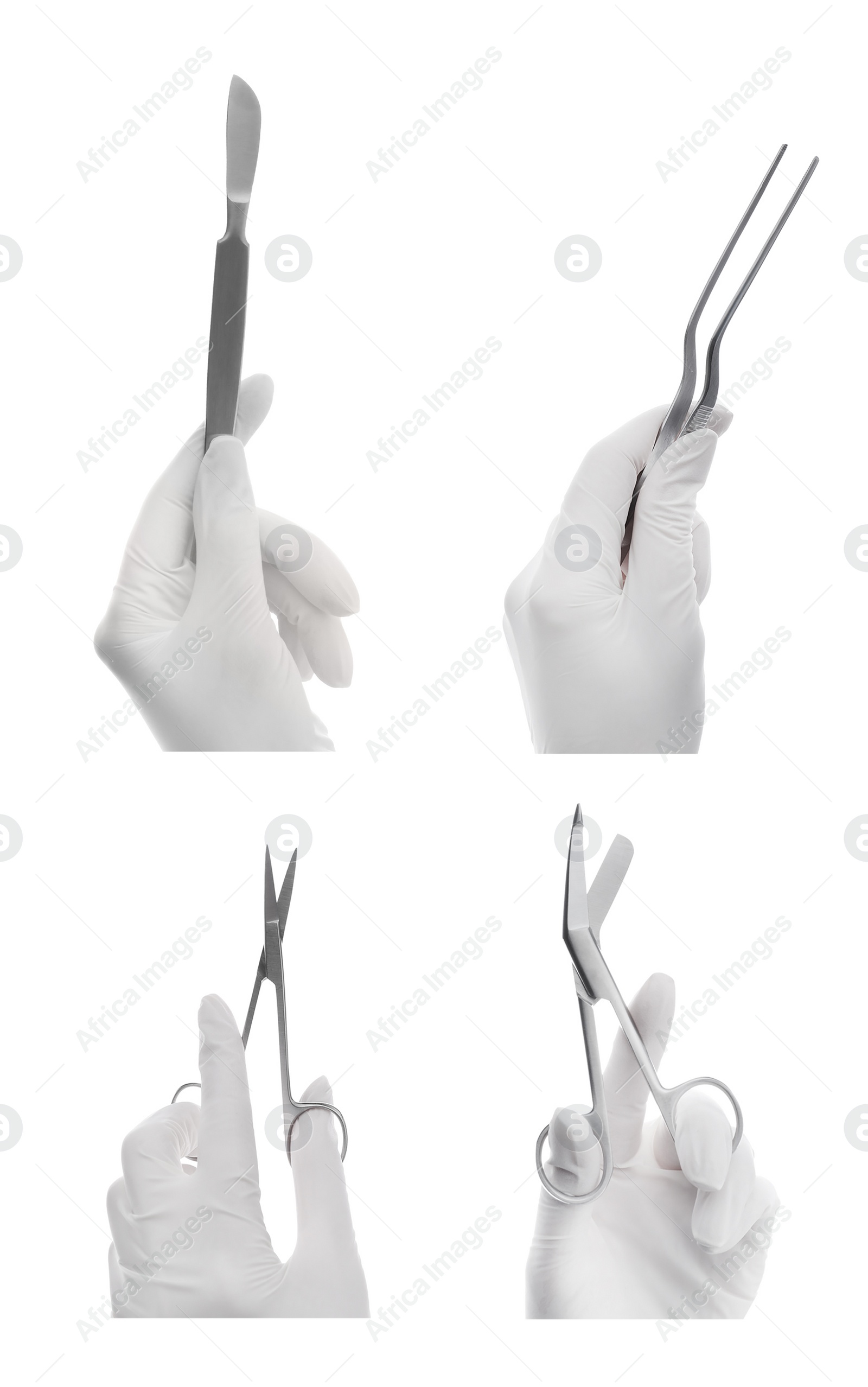 Image of Collage with photos of doctors holding different surgical instruments on white background, closeup