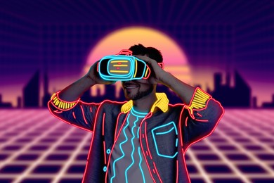 Image of Metaverse. Man in bright cyber space during simulated experience using virtual reality headset, neon contour effect. Illustration of immersion into digital space