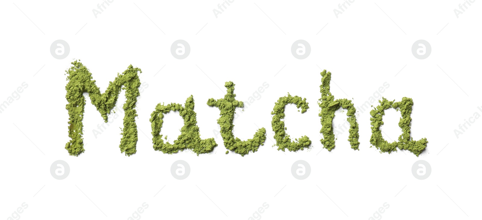 Photo of Word Matcha made of green powder isolated on white, top view