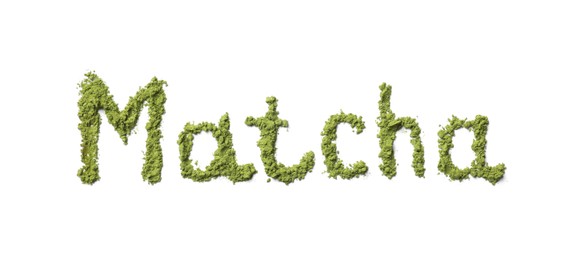 Photo of Word Matcha made of green powder isolated on white, top view