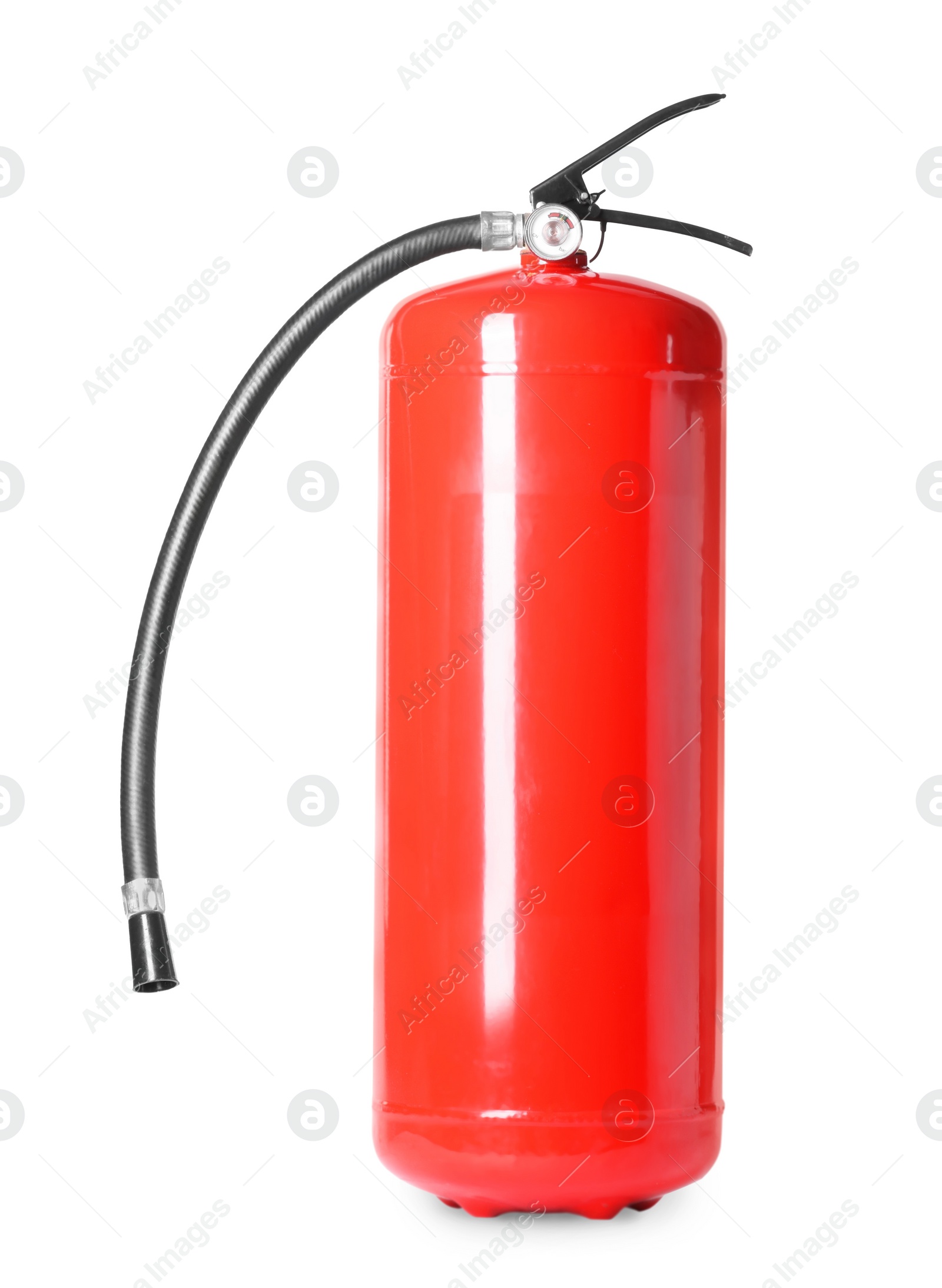 Photo of One red fire extinguisher on white background