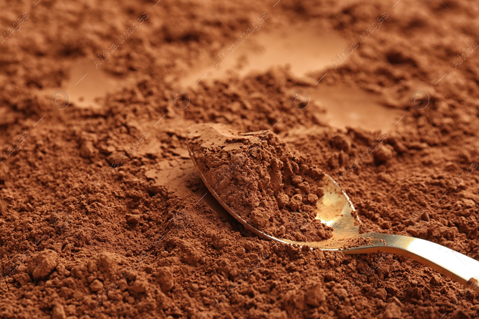 Photo of Spoon on cocoa powder, closeup