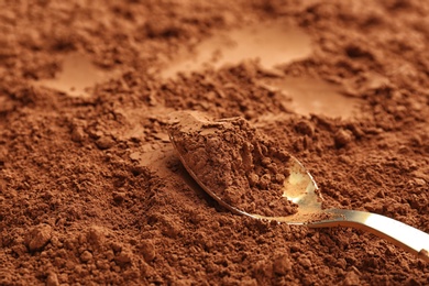 Photo of Spoon on cocoa powder, closeup
