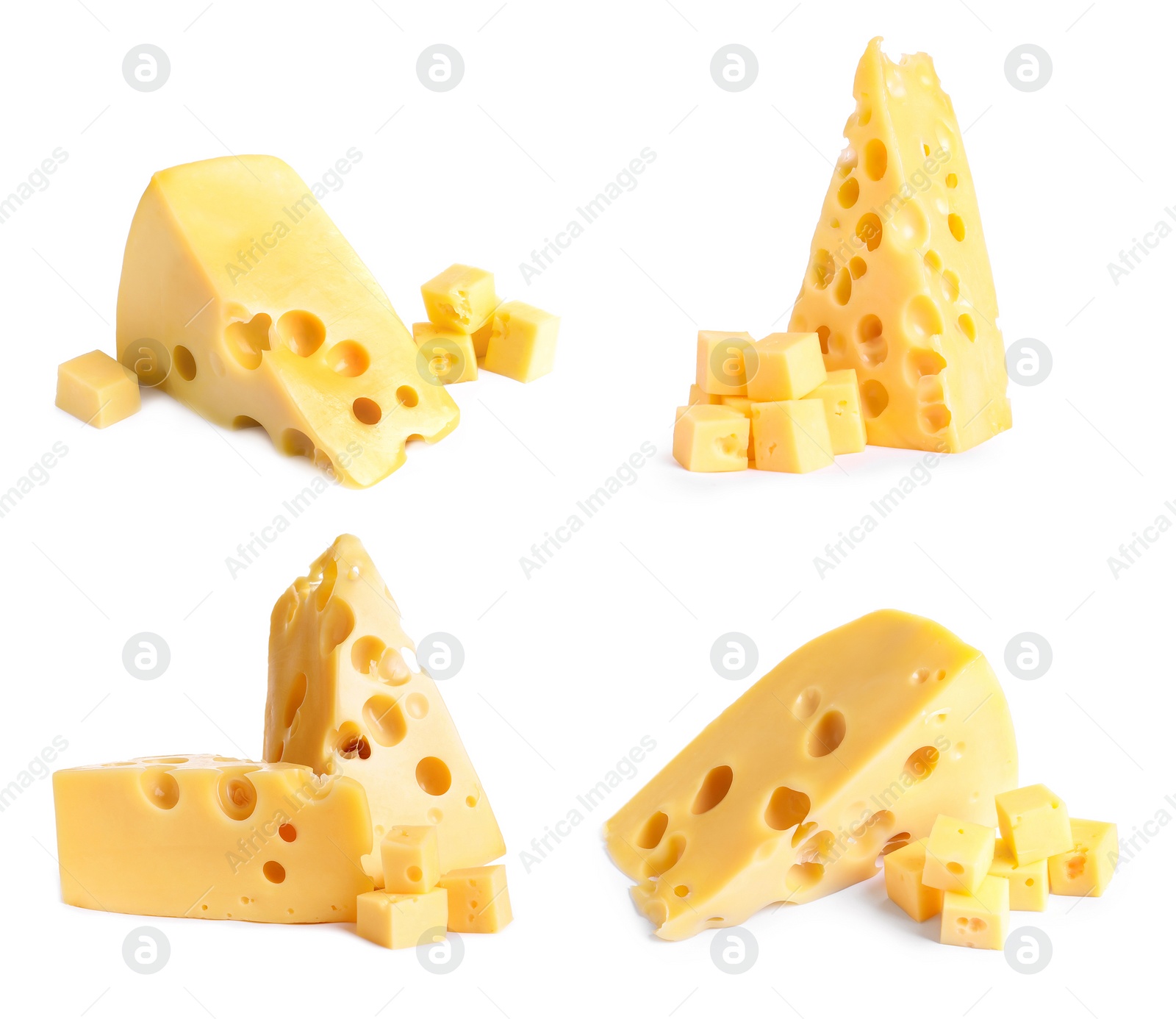 Image of Set with pieces of delicious cheese on white background 