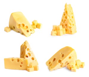 Image of Set with pieces of delicious cheese on white background 