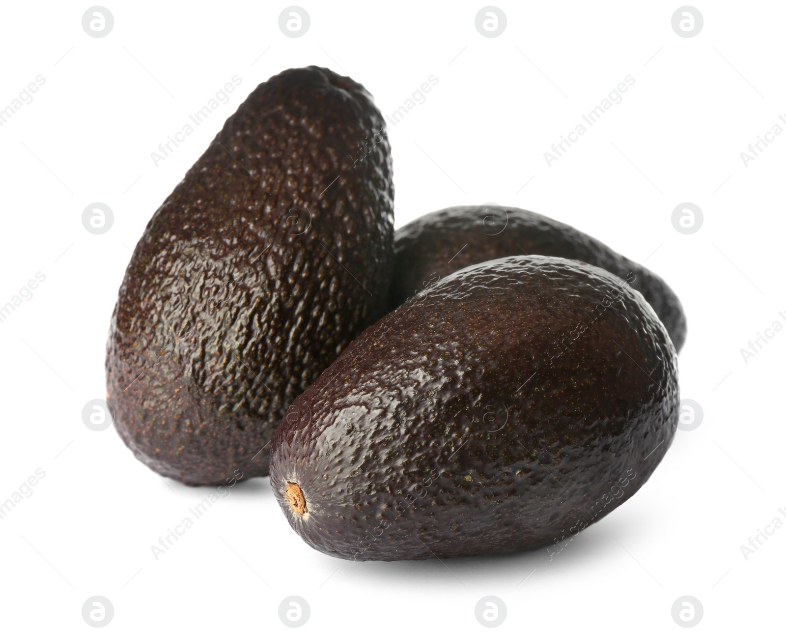 Photo of Whole fresh ripe avocadoes on white background
