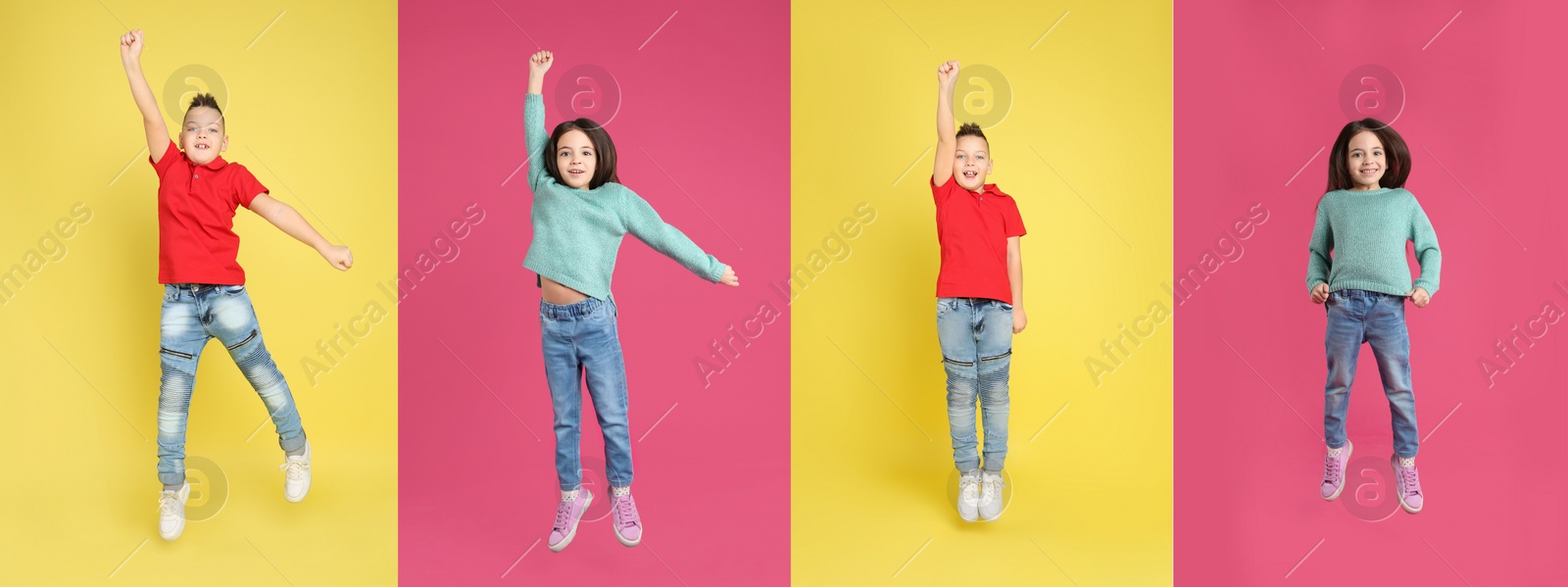 Image of Collage of jumping schoolchildren on color backgrounds. Banner design