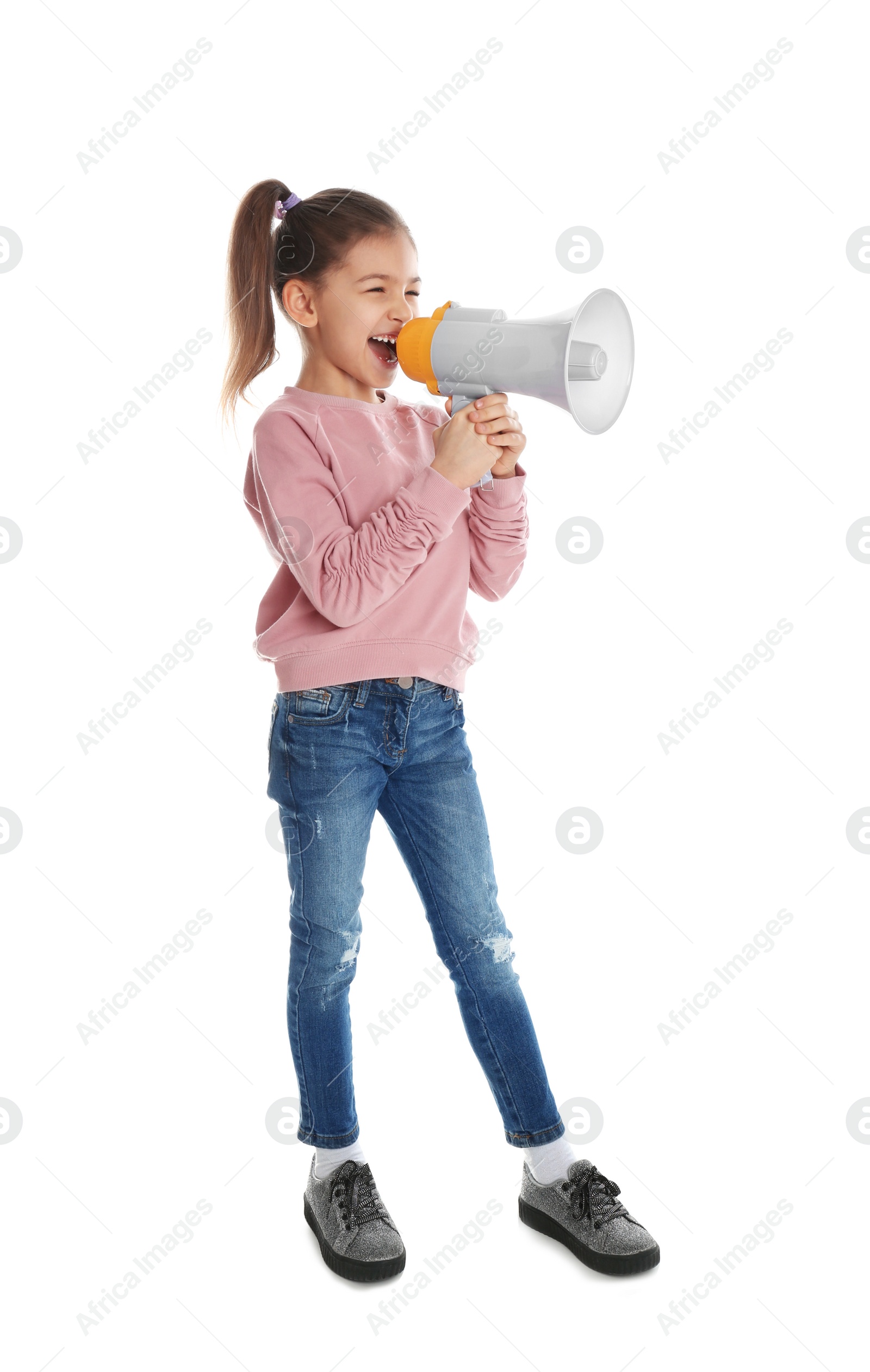 Photo of Cute funny girl with megaphone on white background