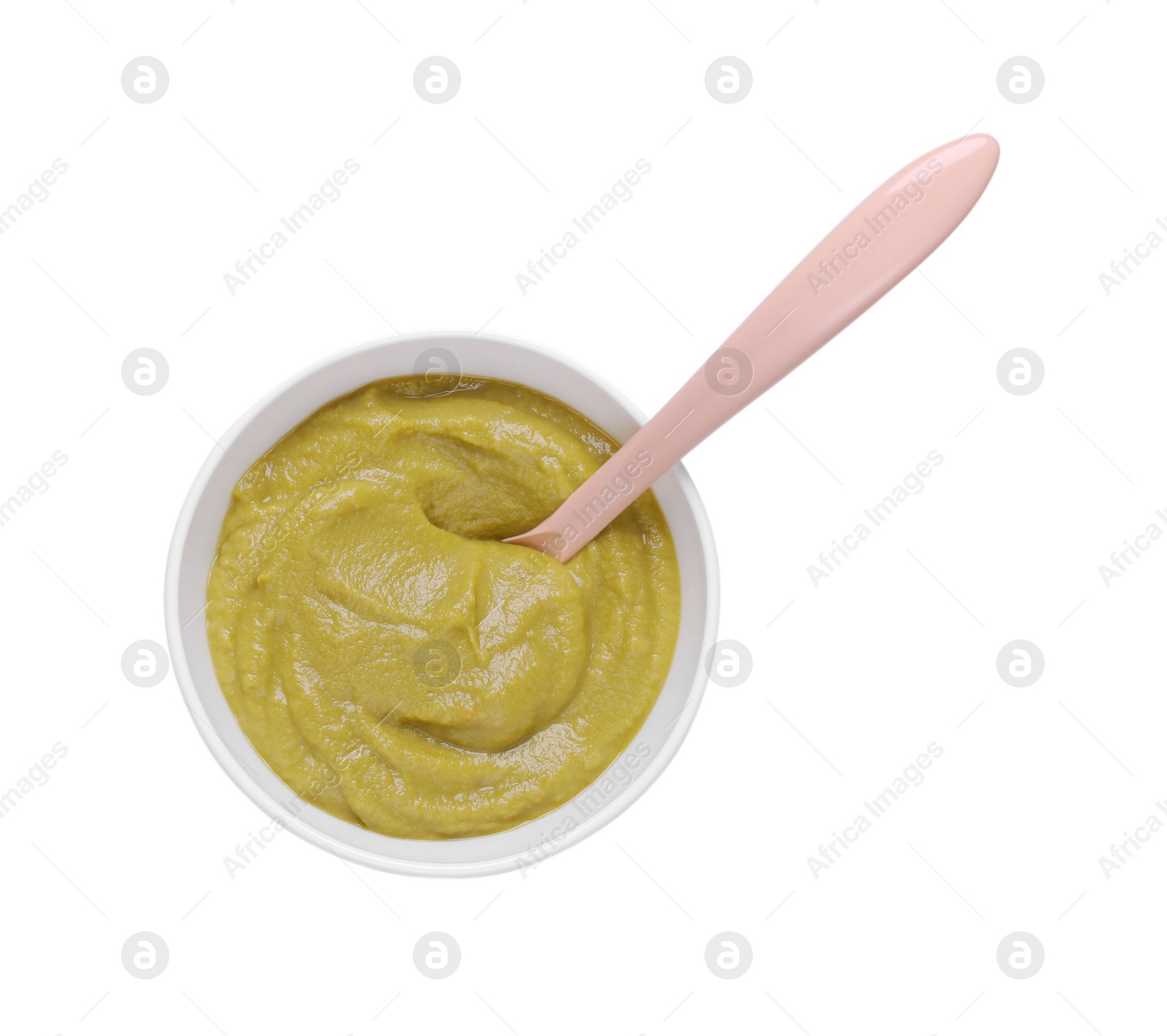 Photo of Bowl with healthy baby food and spoon isolated on white, top view