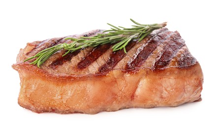 Delicious grilled beef steak with rosemary isolated on white