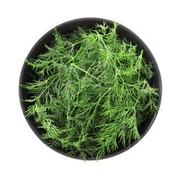 Photo of Bowl of fresh dill isolated on white, top view