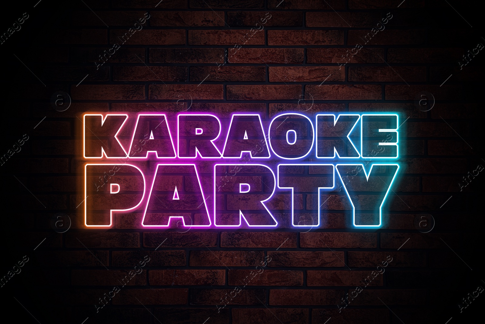 Illustration of Glowing neon sign with words Karaoke Party on brick wall