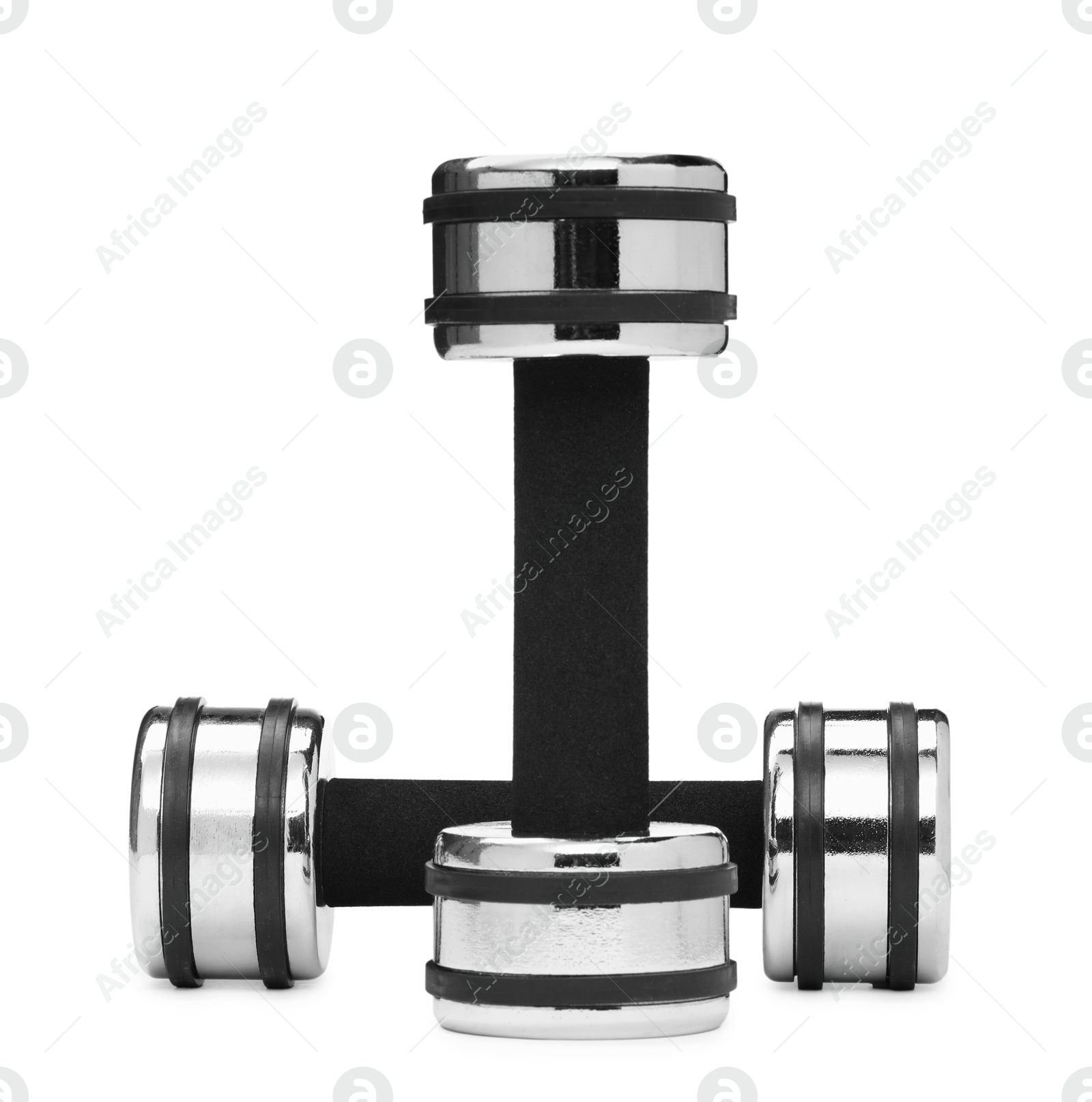 Photo of Metal dumbbells isolated on white. Sports equipment