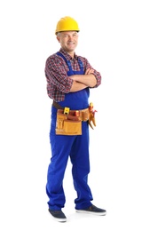 Photo of Electrician with tools wearing uniform on white background