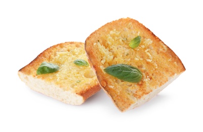 Photo of Slices of toasted bread with garlic and herb on white background