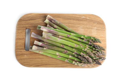 Photo of Fresh raw asparagus isolated on white, top view