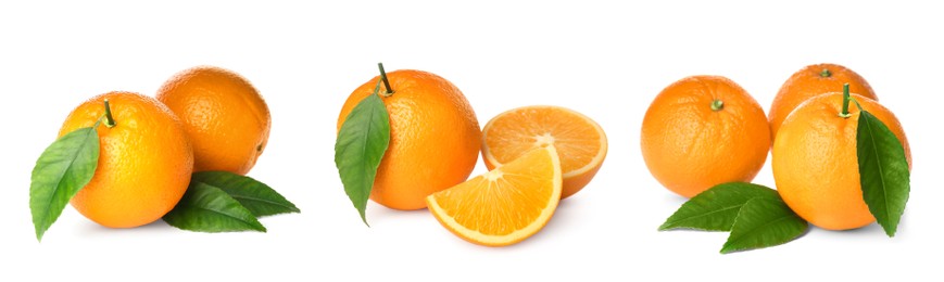 Image of Set with tasty ripe oranges on white background. Banner design 