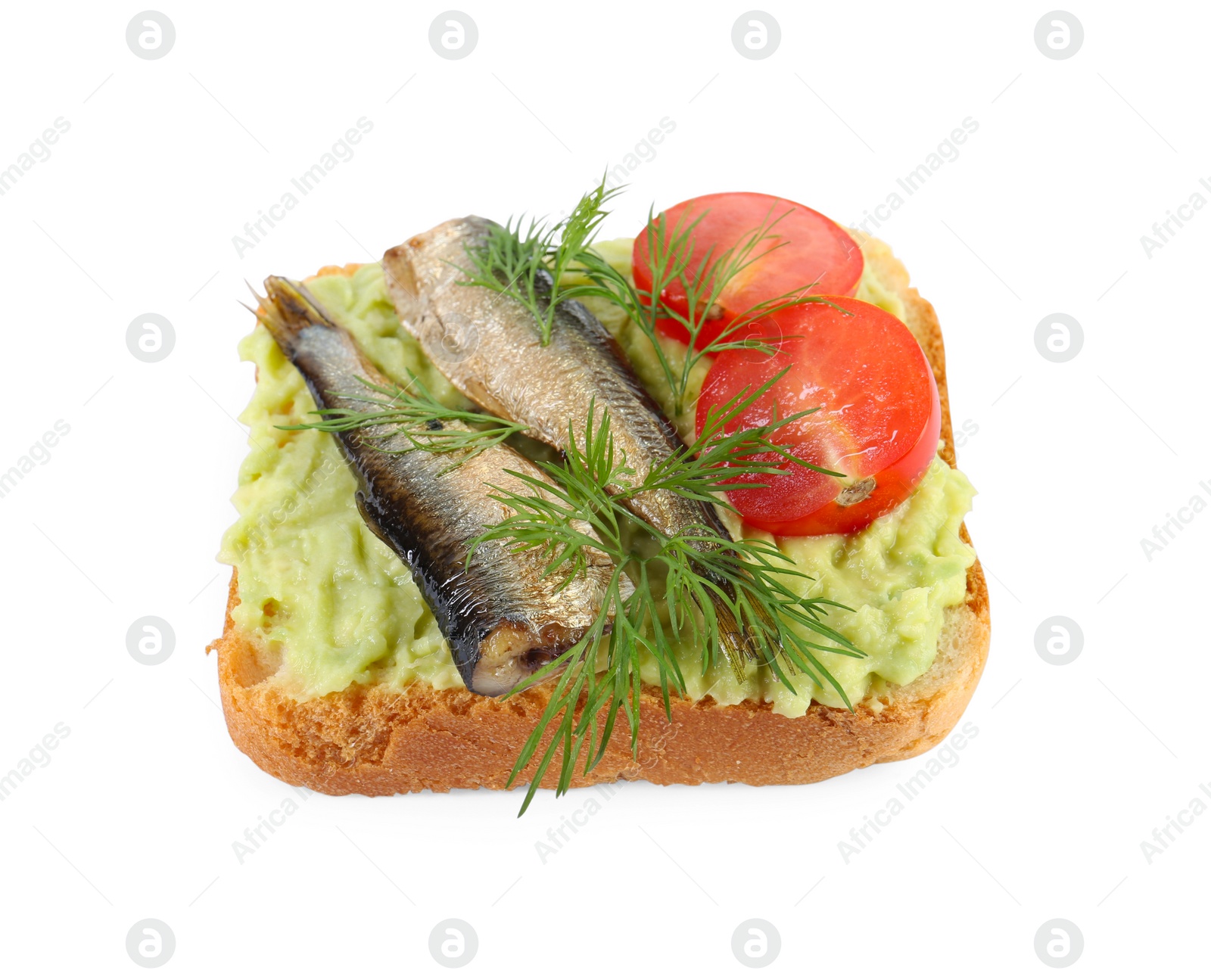 Delicious sandwich with sprats, tomatoes, dill and avocado puree isolated on white Photo of Delicious sandwich with sprats, tomatoes, dill and avocado puree isolated on white