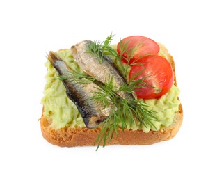Photo of Delicious sandwich with sprats, tomatoes, dill and avocado puree isolated on white