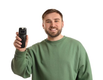 Photo of Happy man with breathalyzer on white background