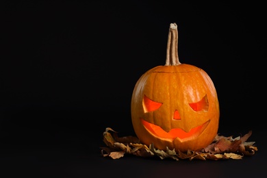 Photo of Pumpkin head with autumn leaves on black background, space for text. Jack lantern - traditional Halloween decor