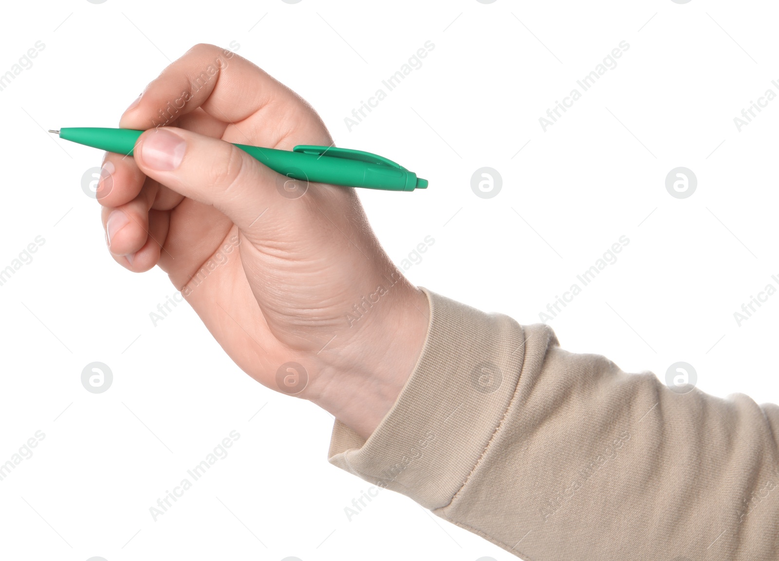 Photo of Man holding pen on white background, closeup of hand