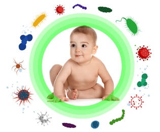 Strong immunity as shield protecting little baby from viruses and bacteria, illustration