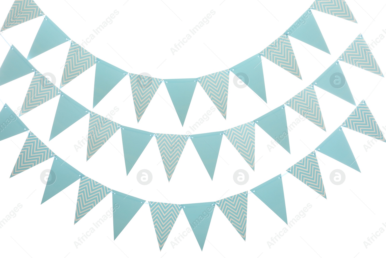 Photo of Rows of triangular bunting flags on white background. Festive decor