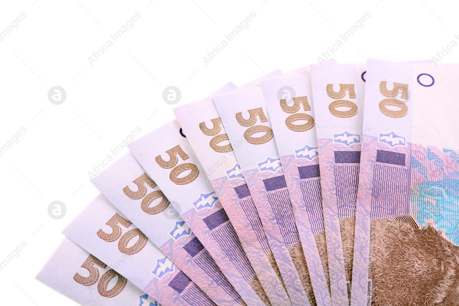 Photo of 50 Ukrainian Hryvnia banknotes on white background, closeup