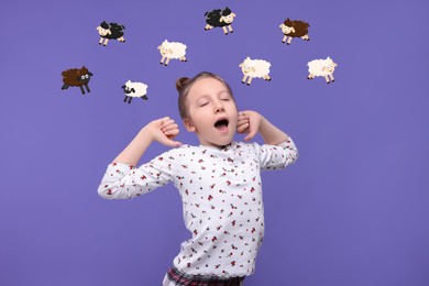 Insomnia problem. Sleepy girl yawning and stretching on purple background. Illustrations of sheep above her