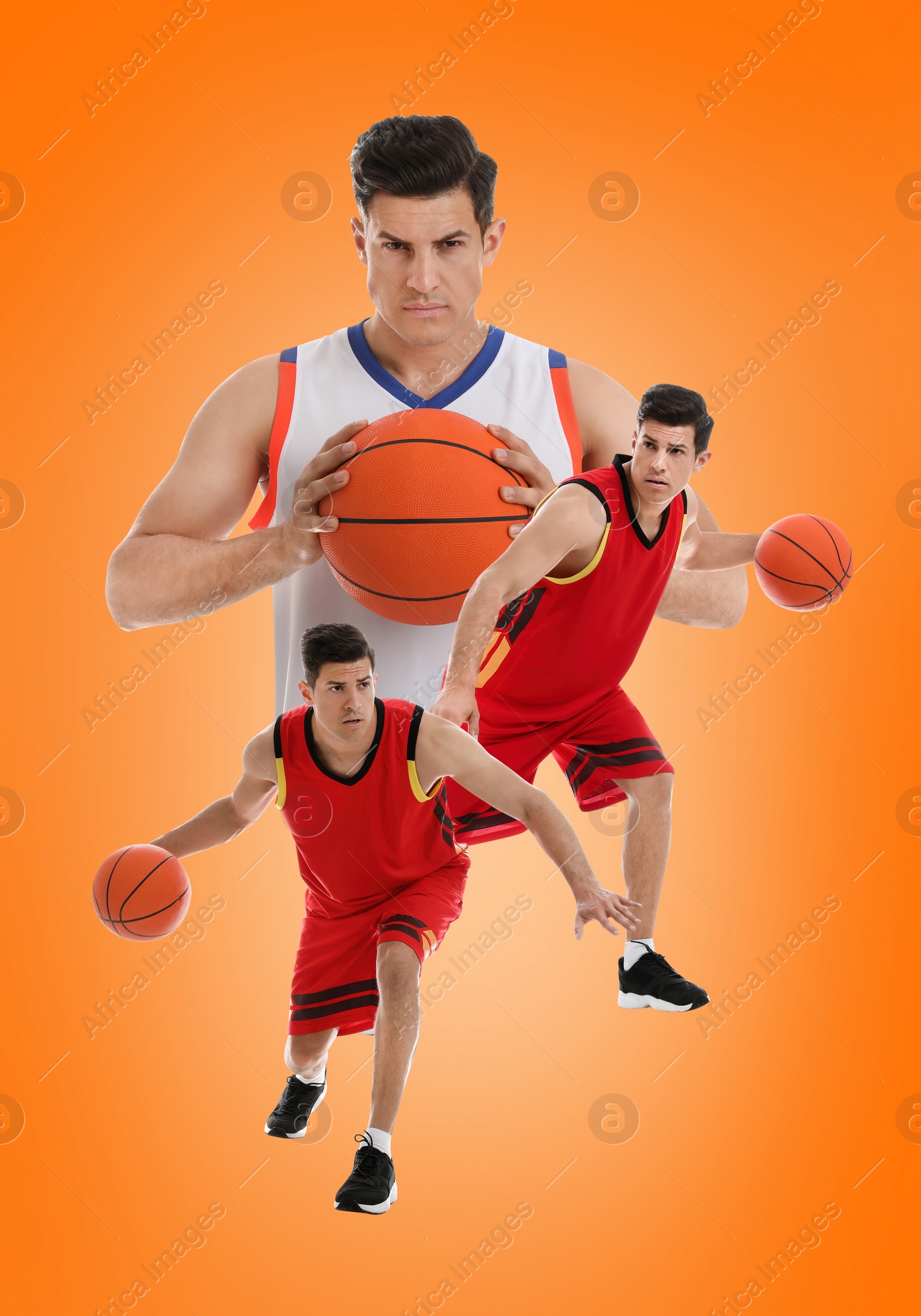 Image of Handsome sportsman playing basketball on orange background, collage