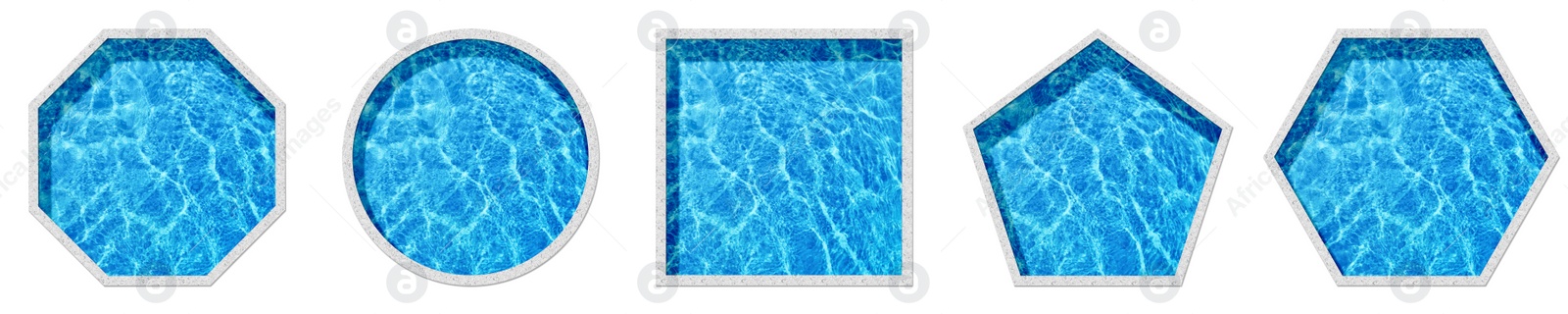 Image of Set with swimming pools of different shapes on white background, top view. Banner design