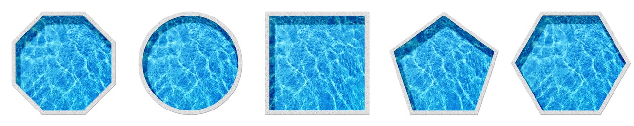 Image of Set with swimming pools of different shapes on white background, top view. Banner design