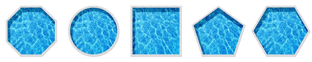 Set with swimming pools of different shapes on white background, top view. Banner design