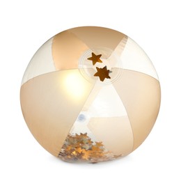 Photo of Inflatable beach ball with confetti inside isolated on white