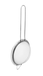 Photo of One metal sieve isolated on white. Kitchen utensil