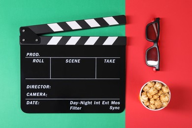 Clapperboard, popcorn and 3D glasses on color background