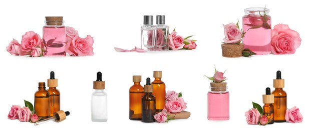 Image of Set with bottles of essential rose oil and flowers on white background. Banner design