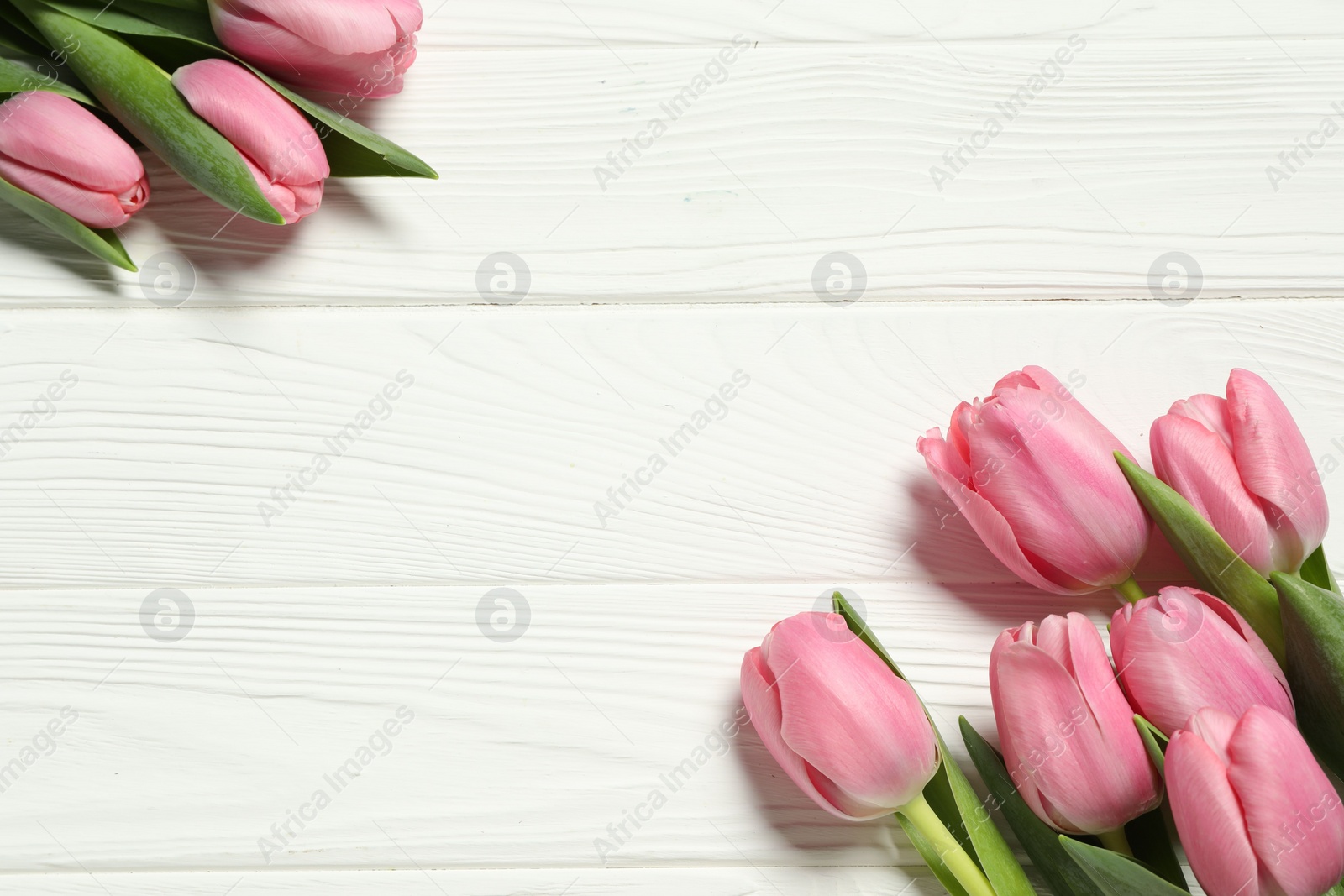 Photo of Happy Mother's Day. Beautiful pink tulips on white wooden table, flat lay. Space for text