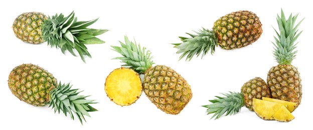 Image of Set with cut and whole pineapples isolated on white