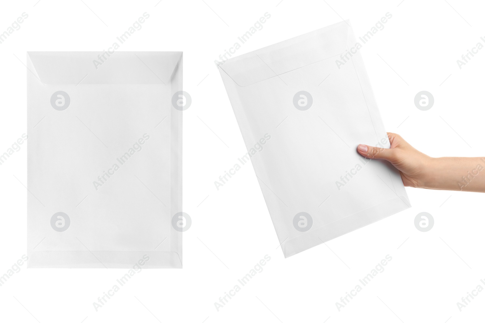 Image of Collage with photo of woman holding paper envelope on white background