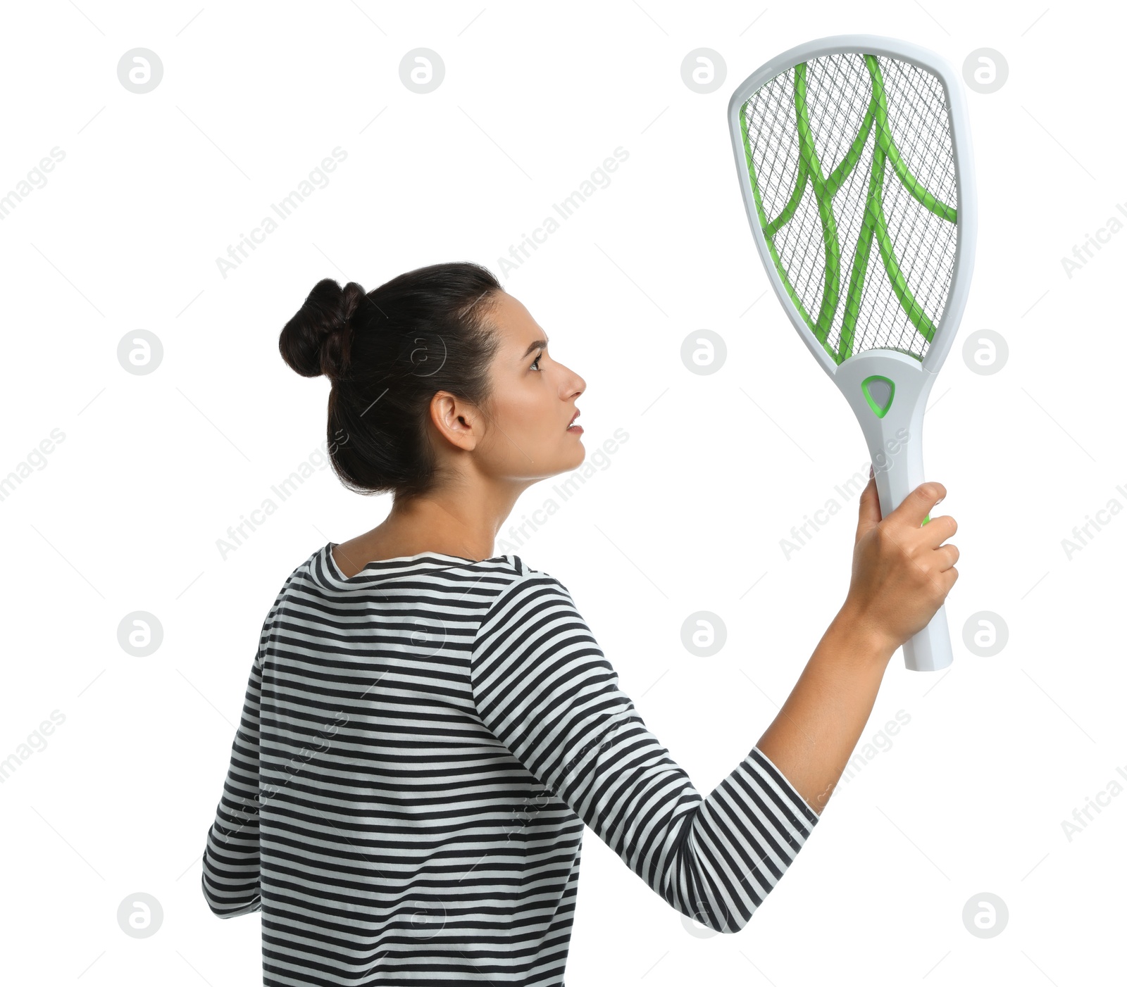 Photo of Young woman with electric fly swatter on white background. Insect killer