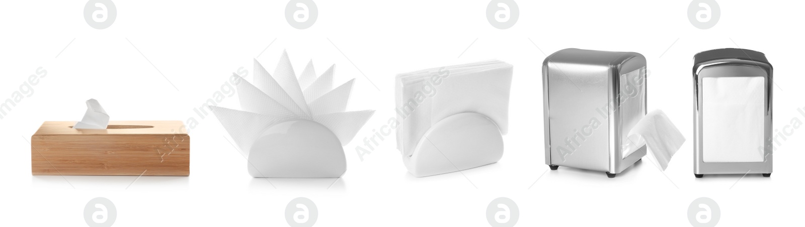 Image of Set of different modern napkin holders with paper serviettes on white background. Banner design