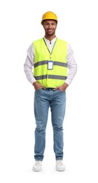 Photo of Engineer with hard hat and badge on white background