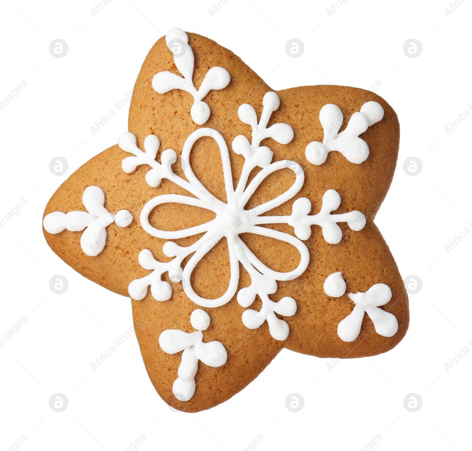 Photo of Tasty star shaped Christmas cookie with icing isolated on white