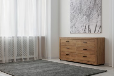 Wooden chest of drawers in modern living room interior. Space for text